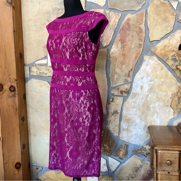Adrianna Papell Lace Cap Sleeves Maroon Sheath Dress Midi (6) - Picture 4 of 17